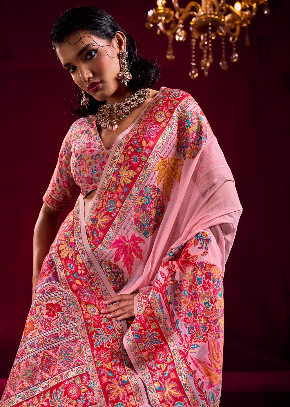 Baker Miller Pink Modal Silk Kashmiri Handloom Jamawar Saree