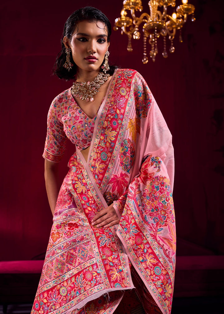 Baker Miller Pink Modal Silk Kashmiri Handloom Jamawar Saree