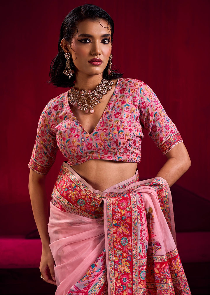 Baker Miller Pink Modal Silk Kashmiri Handloom Jamawar Saree