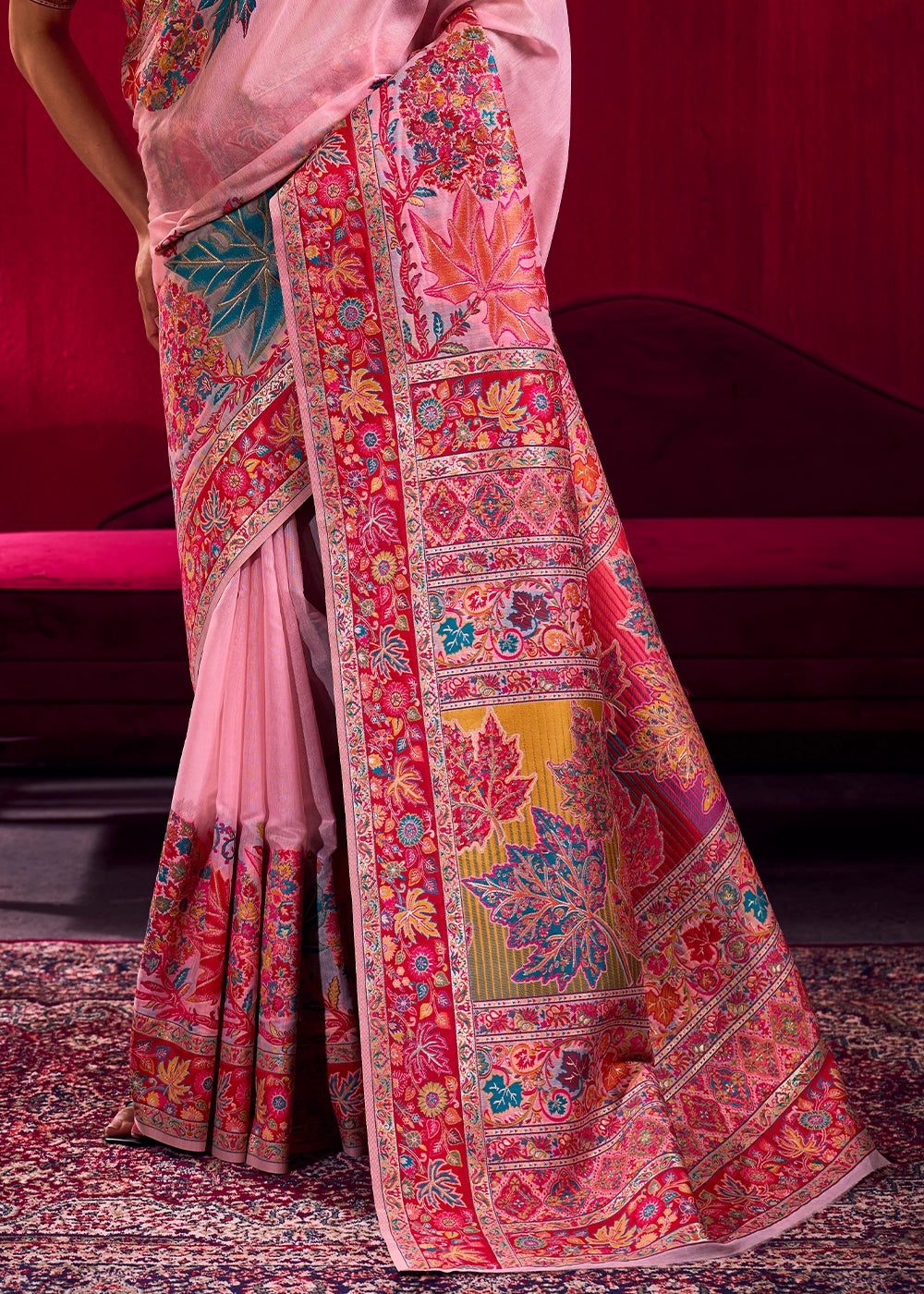 Baker Miller Pink Modal Silk Kashmiri Handloom Jamawar Saree