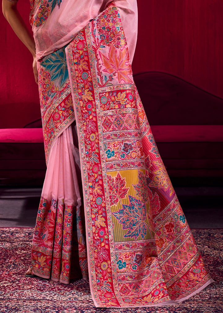 Baker Miller Pink Modal Silk Kashmiri Handloom Jamawar Saree