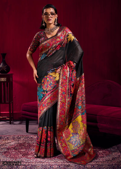 Pitch Black Modal Silk Kashmiri Handloom Jamawar Saree