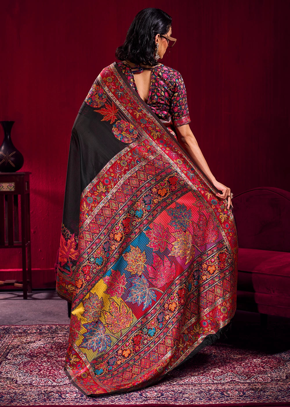 Pitch Black Modal Silk Kashmiri Handloom Jamawar Saree