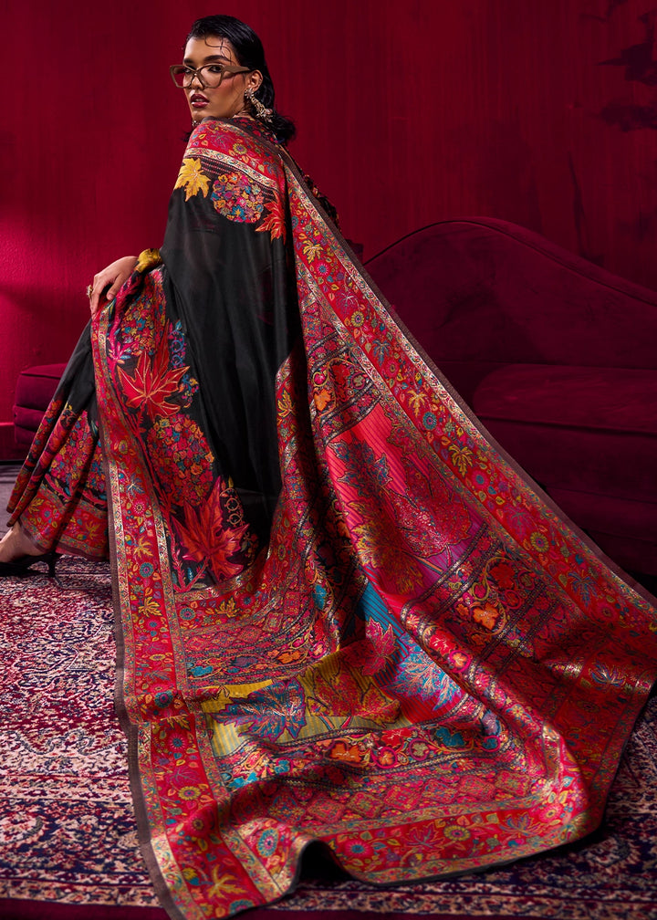 Pitch Black Modal Silk Kashmiri Handloom Jamawar Saree