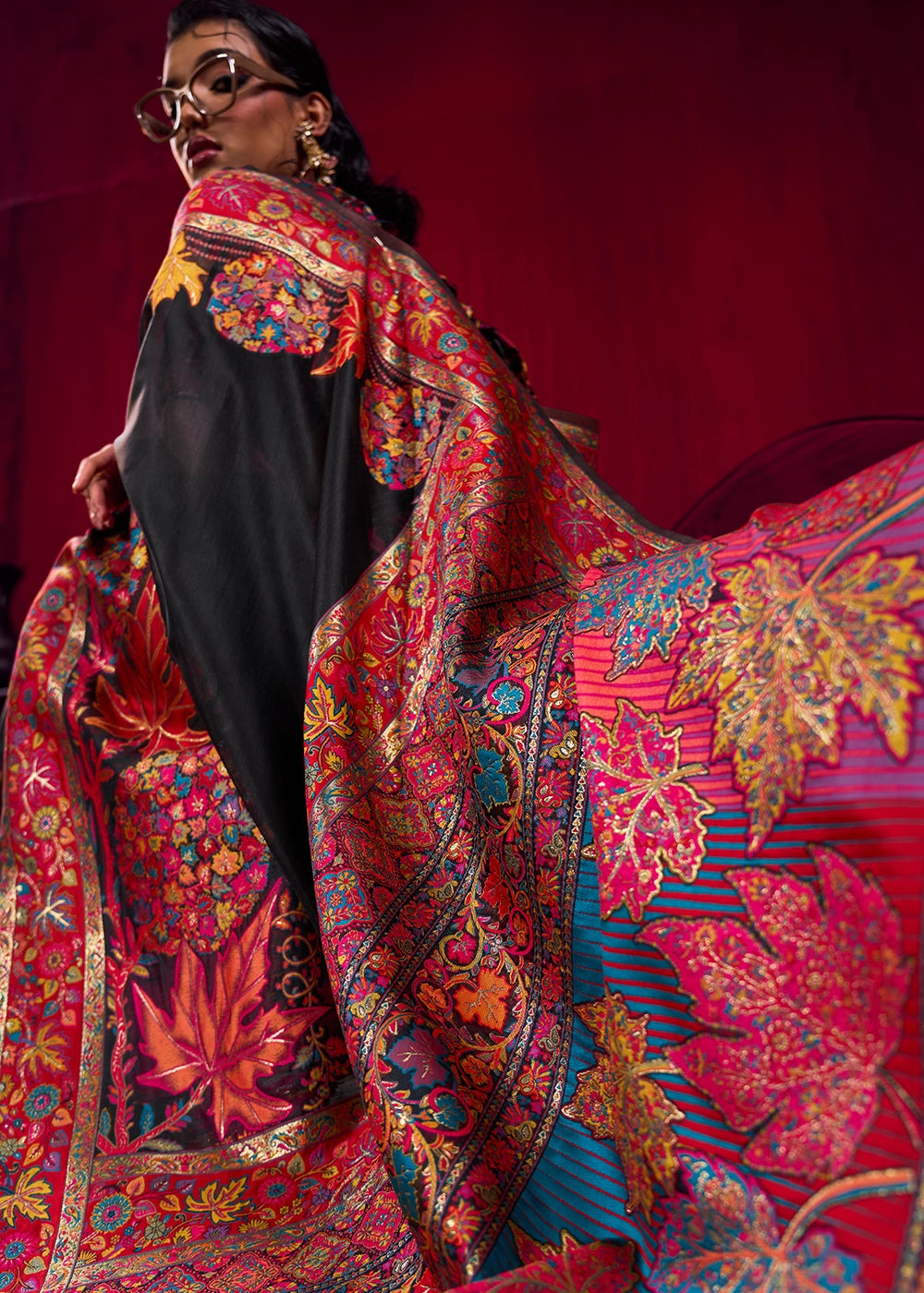 Pitch Black Modal Silk Kashmiri Handloom Jamawar Saree