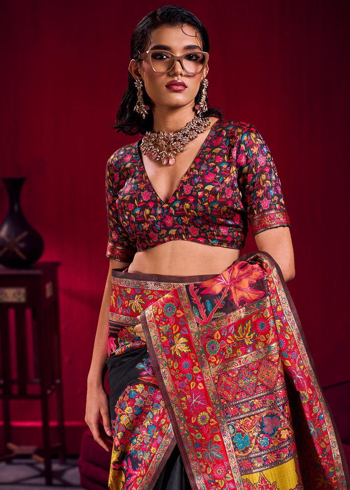 Pitch Black Modal Silk Kashmiri Handloom Jamawar Saree