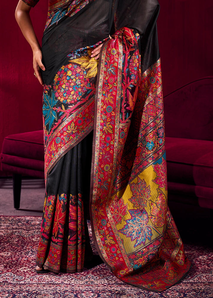 Pitch Black Modal Silk Kashmiri Handloom Jamawar Saree
