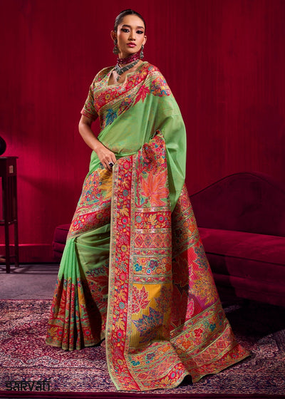 Neon Green Modal Silk Kashmiri Handloom Jamawar Saree