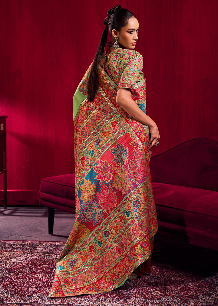 Neon Green Modal Silk Kashmiri Handloom Jamawar Saree