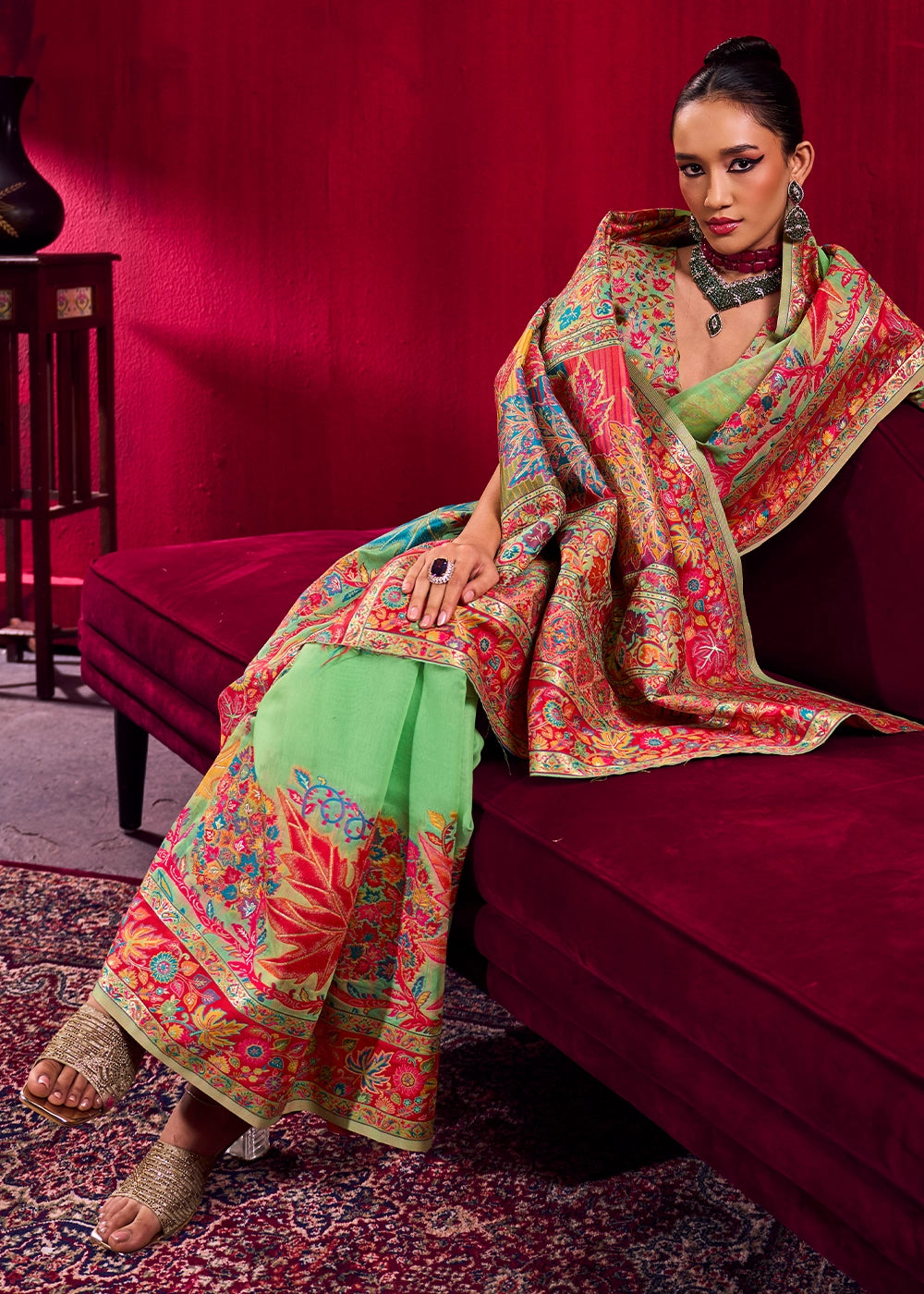 Neon Green Modal Silk Kashmiri Handloom Jamawar Saree