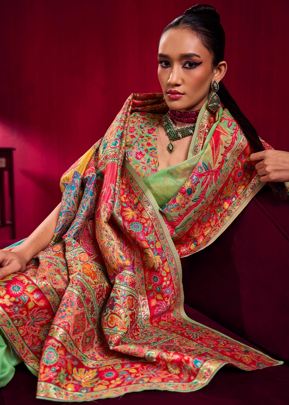 Neon Green Modal Silk Kashmiri Handloom Jamawar Saree