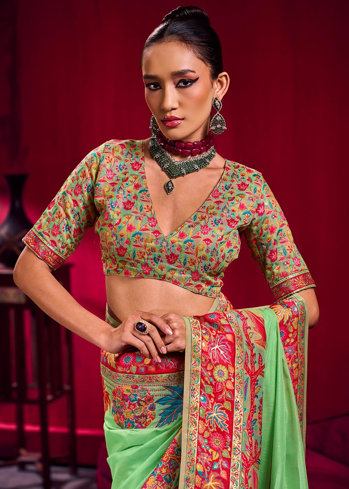 Neon Green Modal Silk Kashmiri Handloom Jamawar Saree