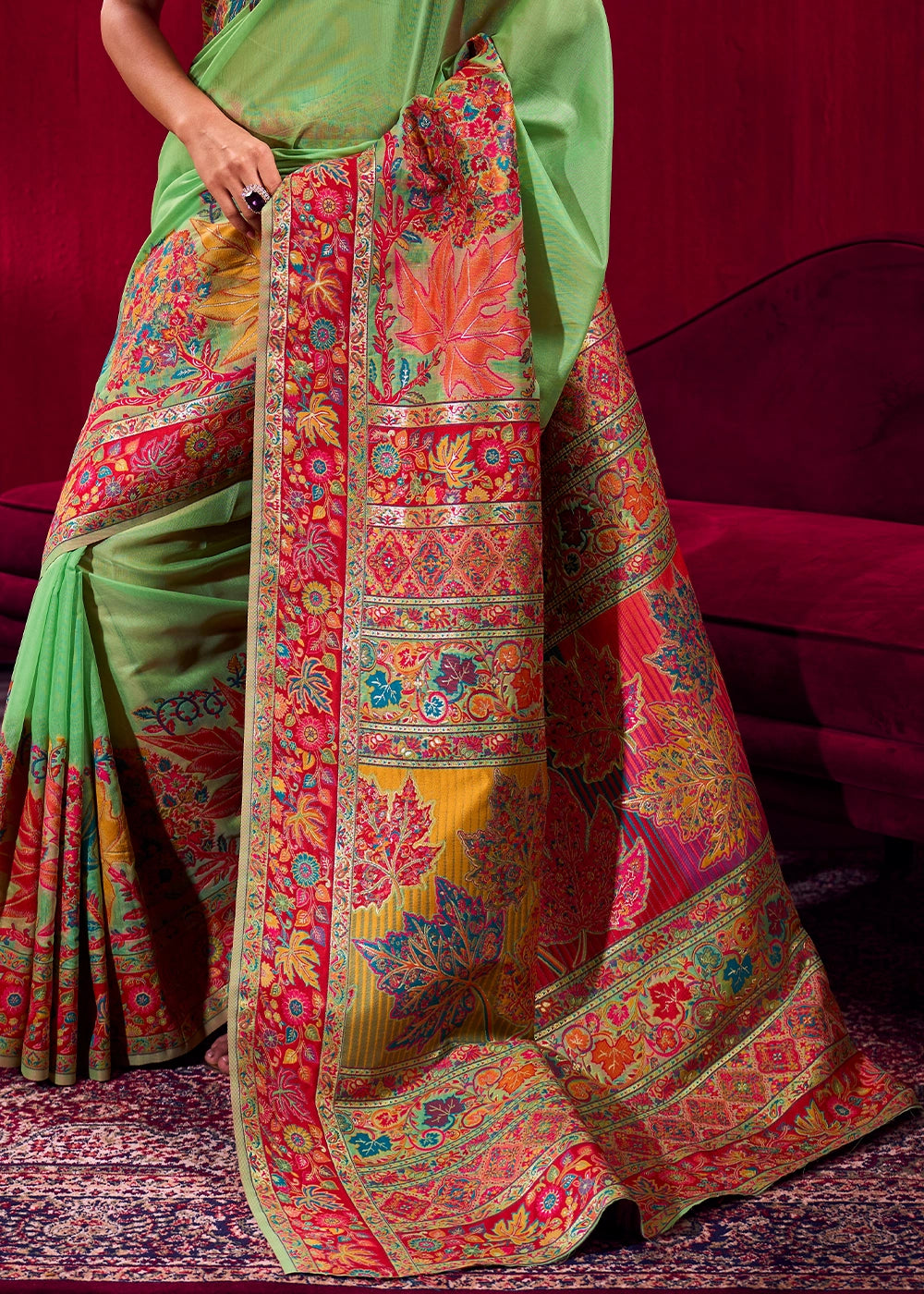 Neon Green Modal Silk Kashmiri Handloom Jamawar Saree