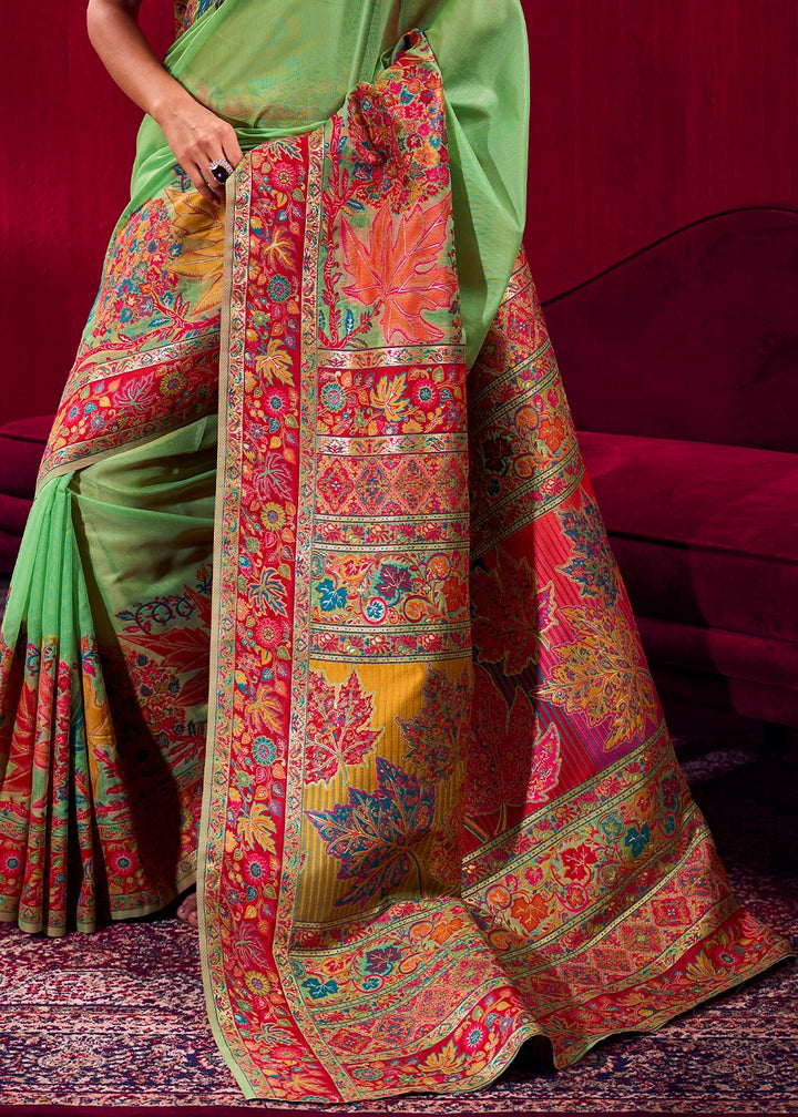 Neon Green Modal Silk Kashmiri Handloom Jamawar Saree