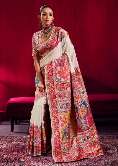 Pearl White Modal Silk Kashmiri Handloom Jamawar Saree