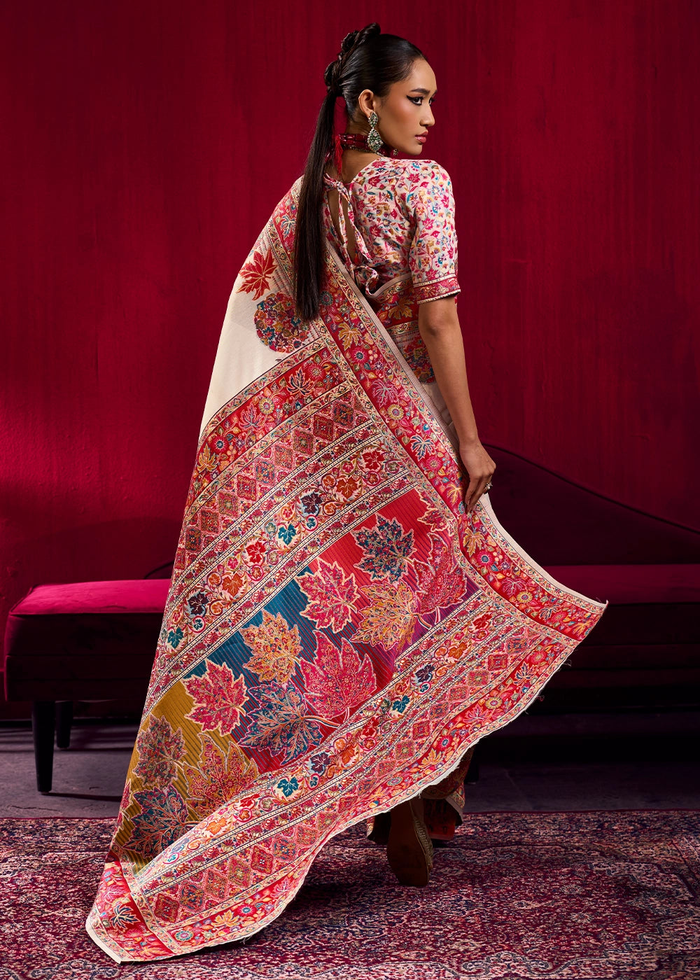 Pearl White Modal Silk Kashmiri Handloom Jamawar Saree