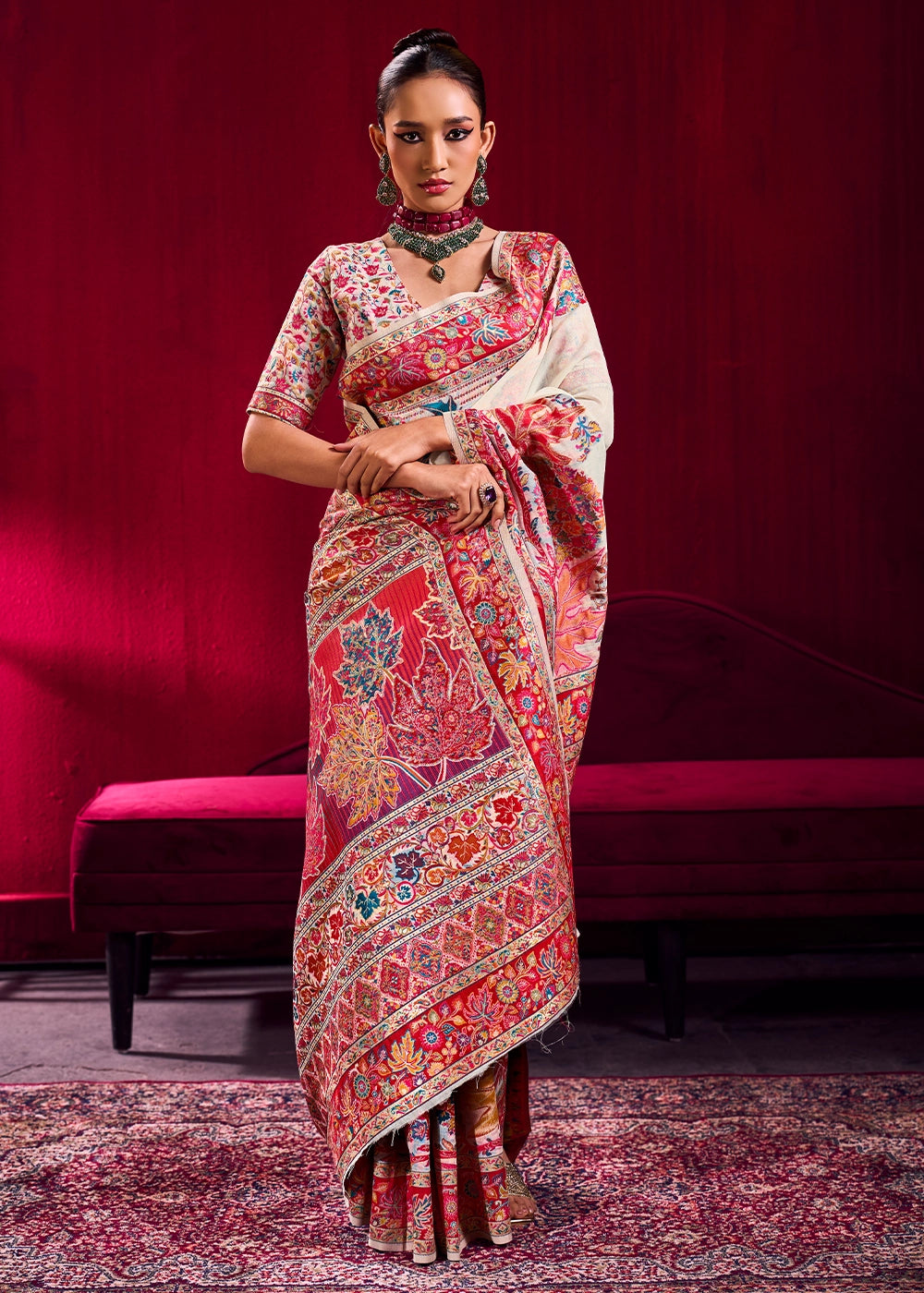 Pearl White Modal Silk Kashmiri Handloom Jamawar Saree