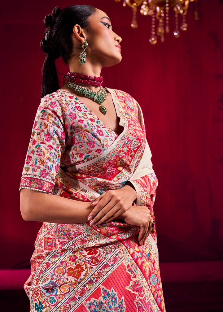 Pearl White Modal Silk Kashmiri Handloom Jamawar Saree