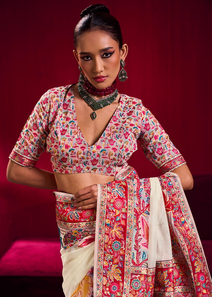 Pearl White Modal Silk Kashmiri Handloom Jamawar Saree