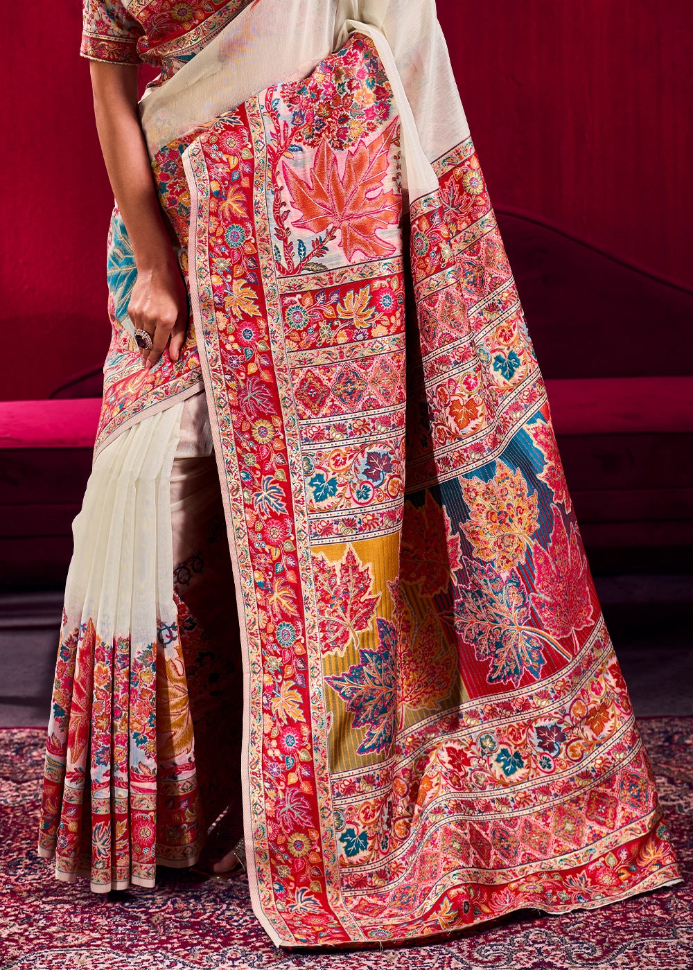 Pearl White Modal Silk Kashmiri Handloom Jamawar Saree