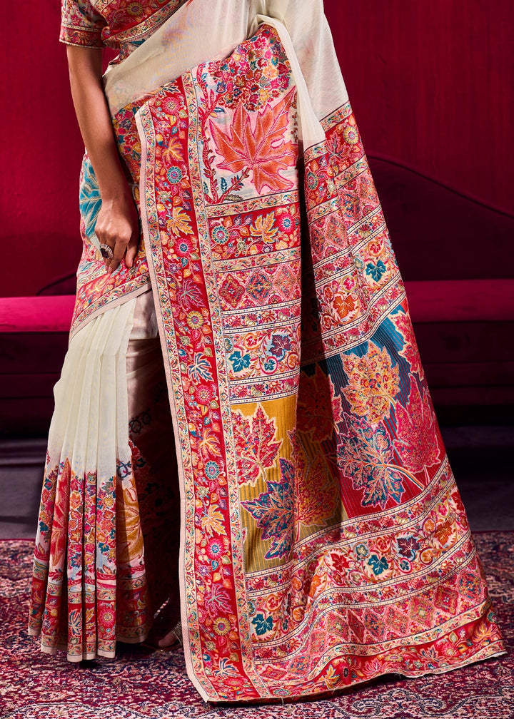 Pearl White Modal Silk Kashmiri Handloom Jamawar Saree