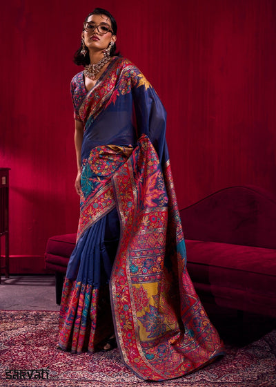 Navy Blue Modal Silk Kashmiri Handloom Jamawar Saree