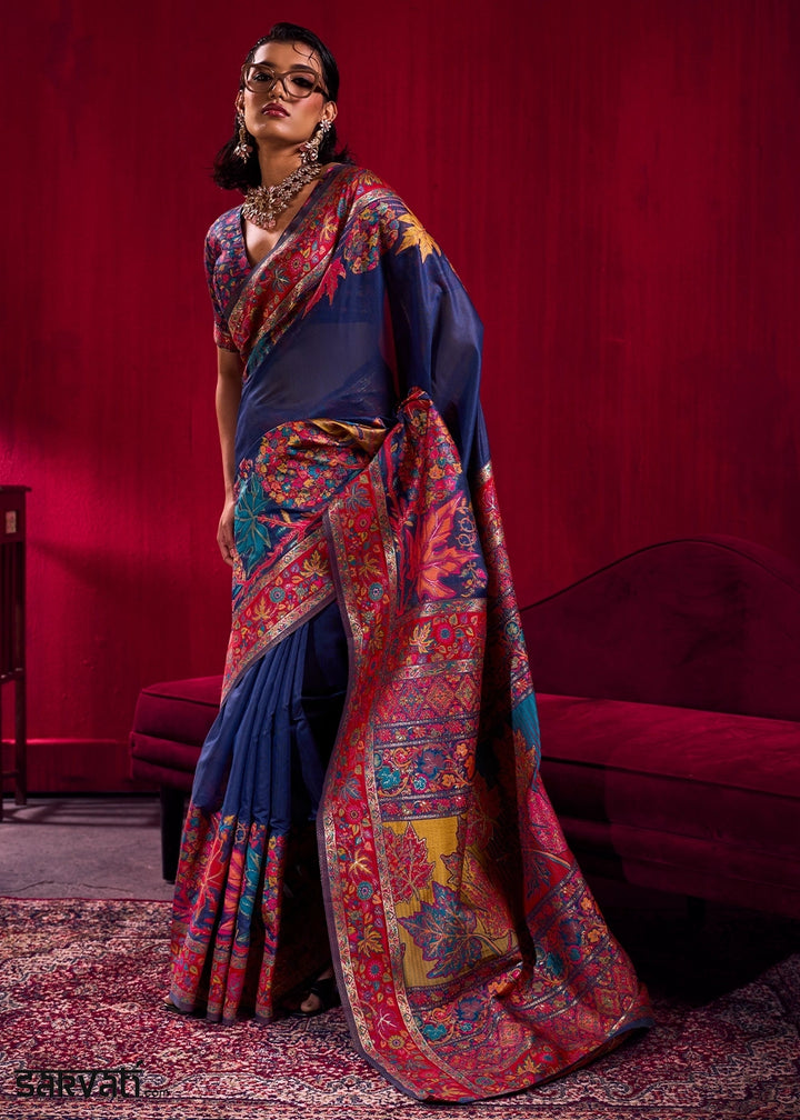 Navy Blue Modal Silk Kashmiri Handloom Jamawar Saree