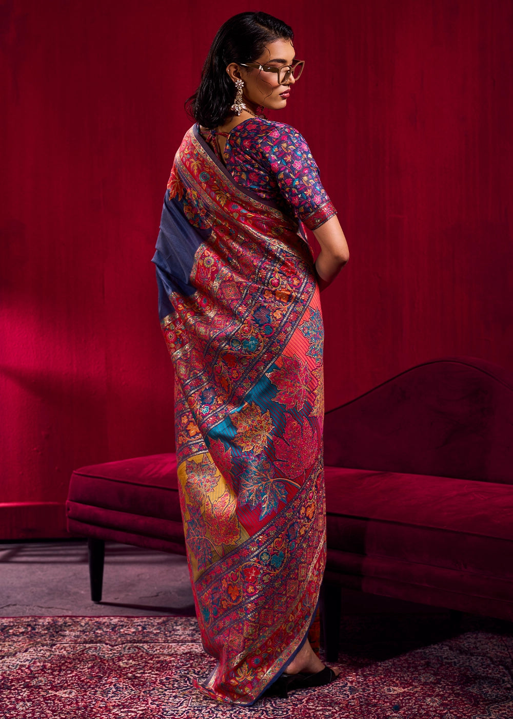 Navy Blue Modal Silk Kashmiri Handloom Jamawar Saree