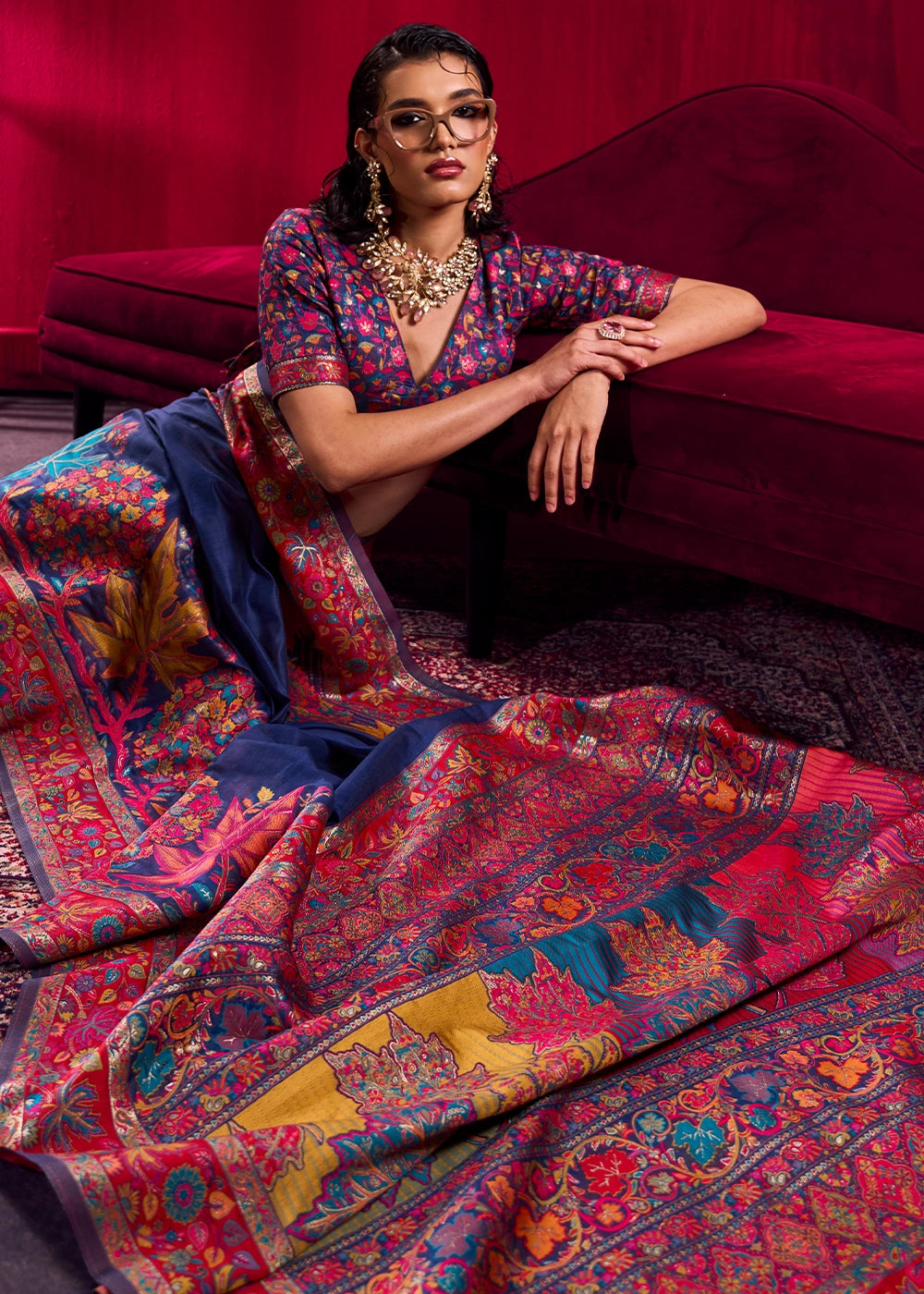 Navy Blue Modal Silk Kashmiri Handloom Jamawar Saree