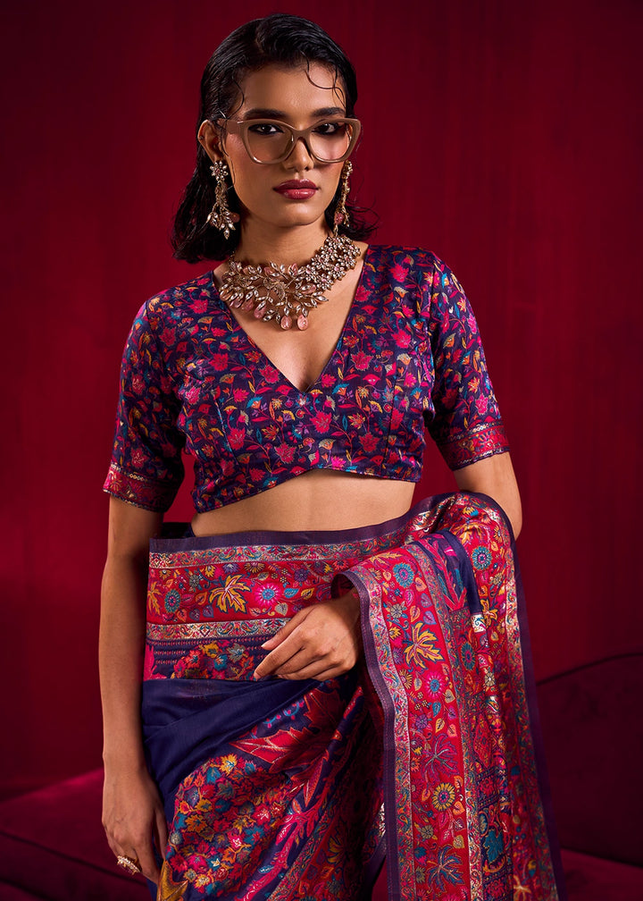 Navy Blue Modal Silk Kashmiri Handloom Jamawar Saree