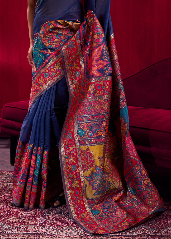Navy Blue Modal Silk Kashmiri Handloom Jamawar Saree