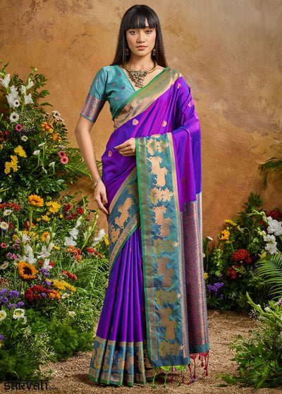 True Purple Zari Woven Silk Saree with Artistic Pichwai Work
