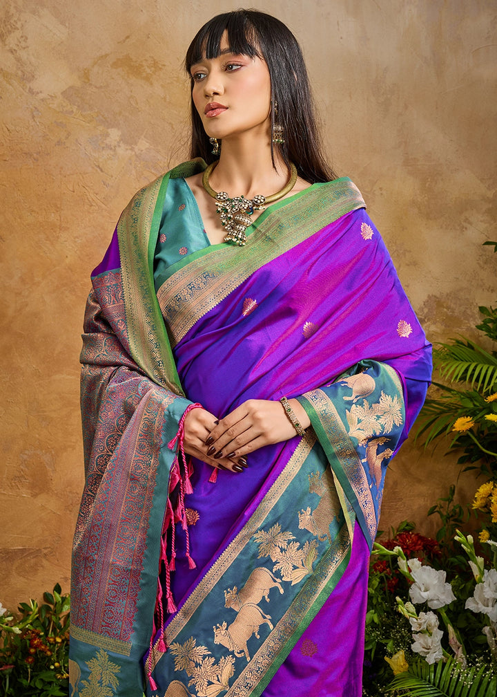 True Purple Zari Woven Silk Saree with Artistic Pichwai Work
