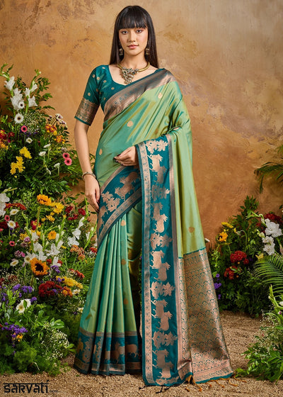 Cool Green Zari Woven Silk Saree with Artistic Pichwai Work