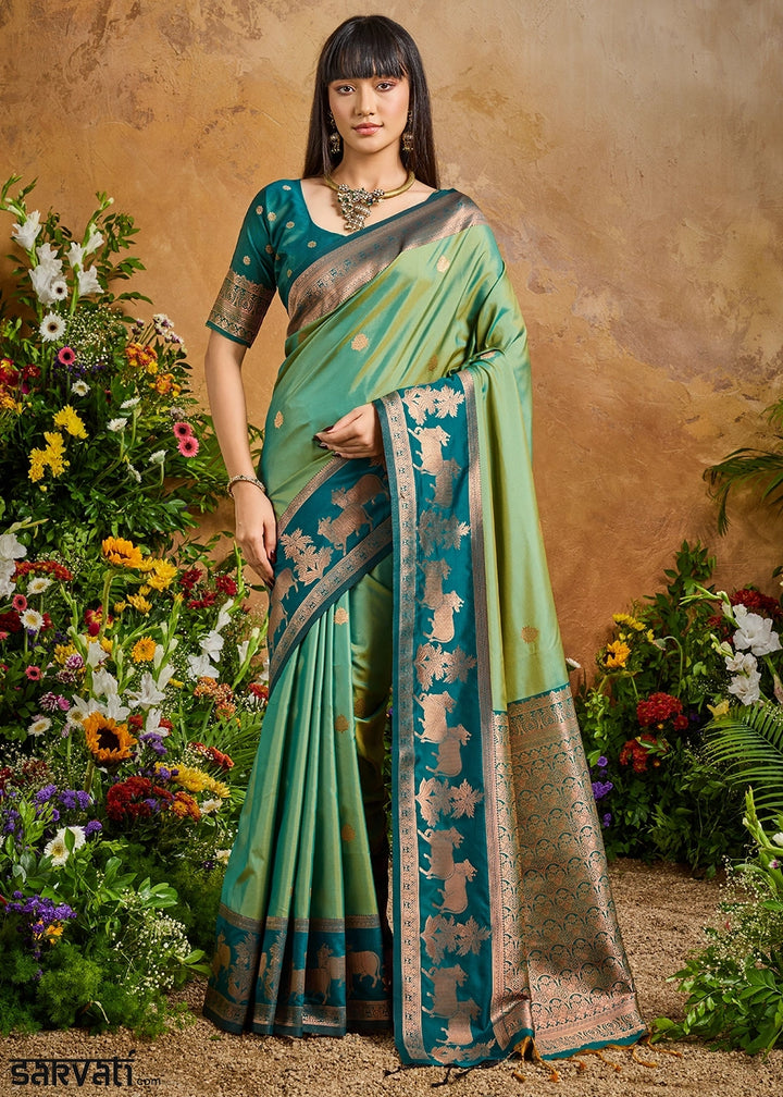 Cool Green Zari Woven Silk Saree with Artistic Pichwai Work