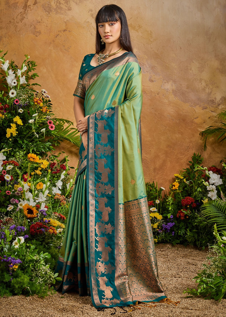 Cool Green Zari Woven Silk Saree with Artistic Pichwai Work
