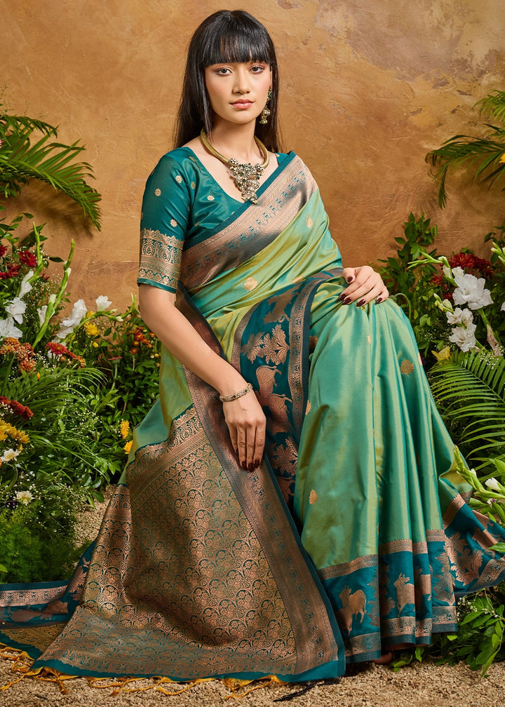 Cool Green Zari Woven Silk Saree with Artistic Pichwai Work