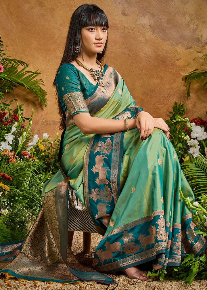 Cool Green Zari Woven Silk Saree with Artistic Pichwai Work