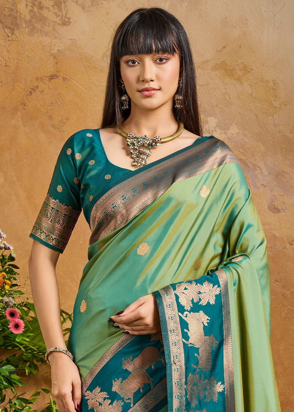 Cool Green Zari Woven Silk Saree with Artistic Pichwai Work