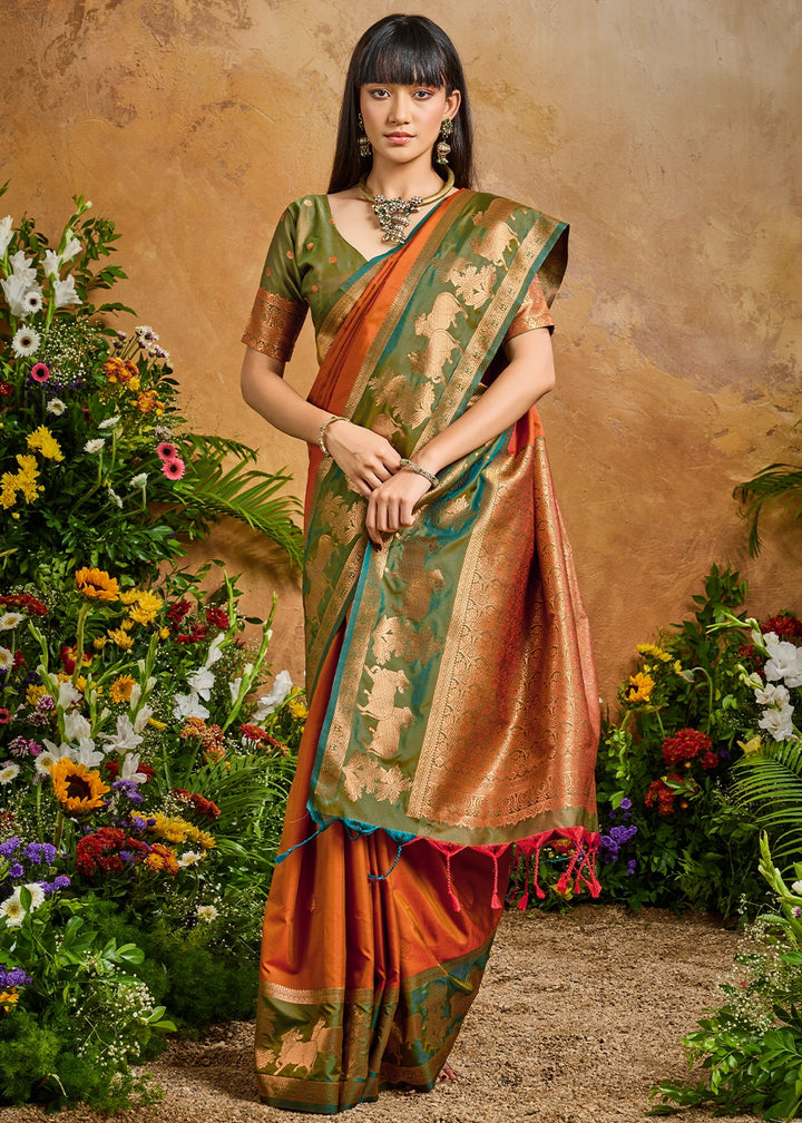 Royal Orange Zari Woven Silk Saree with Artistic Pichwai Work
