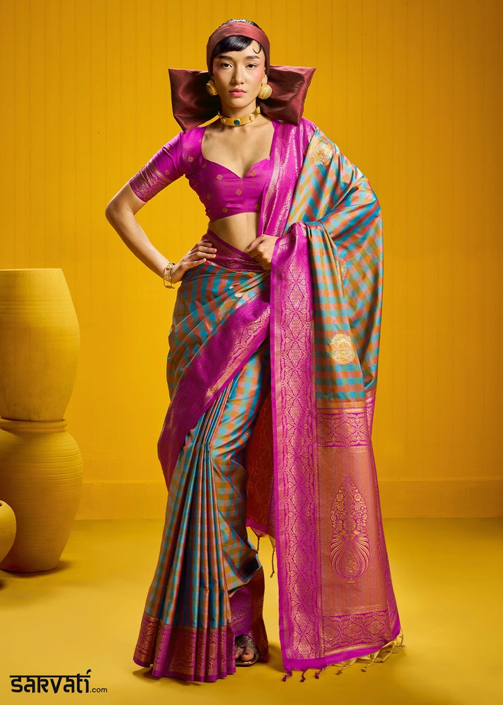 Pink and Blue Handloom Silk Saree with Traditional Checks Weaving