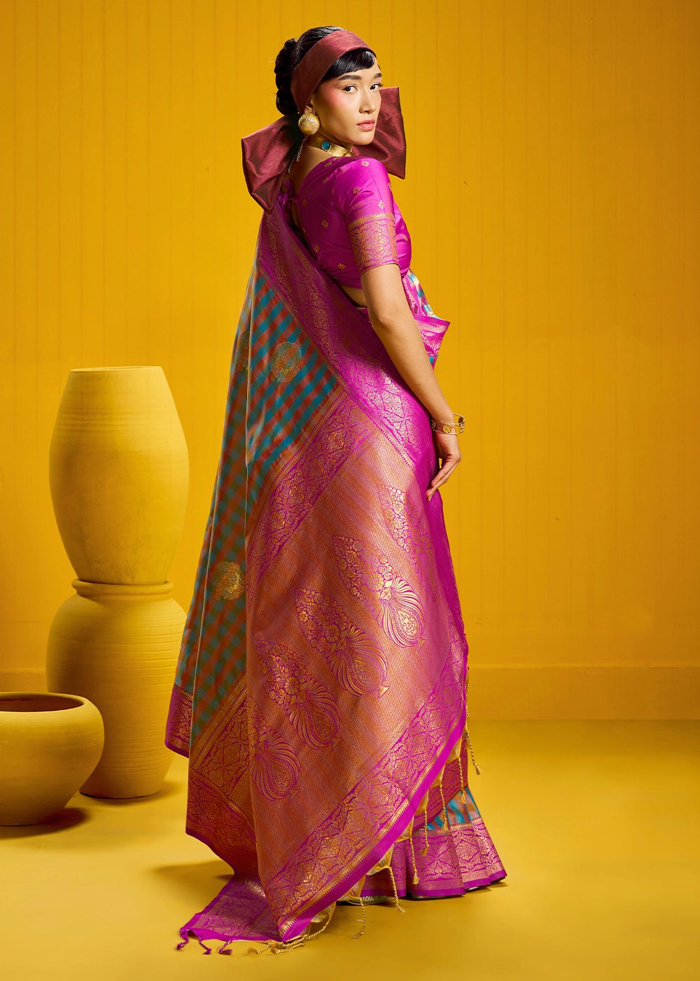Pink and Blue Handloom Silk Saree with Traditional Checks Weaving