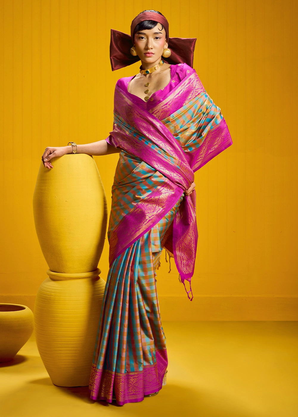 Pink and Blue Handloom Silk Saree with Traditional Checks Weaving
