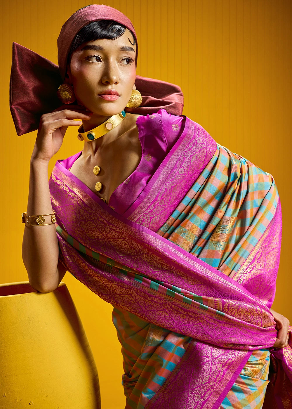 Pink and Blue Handloom Silk Saree with Traditional Checks Weaving
