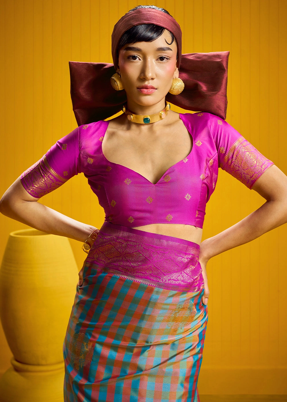 Pink and Blue Handloom Silk Saree with Traditional Checks Weaving