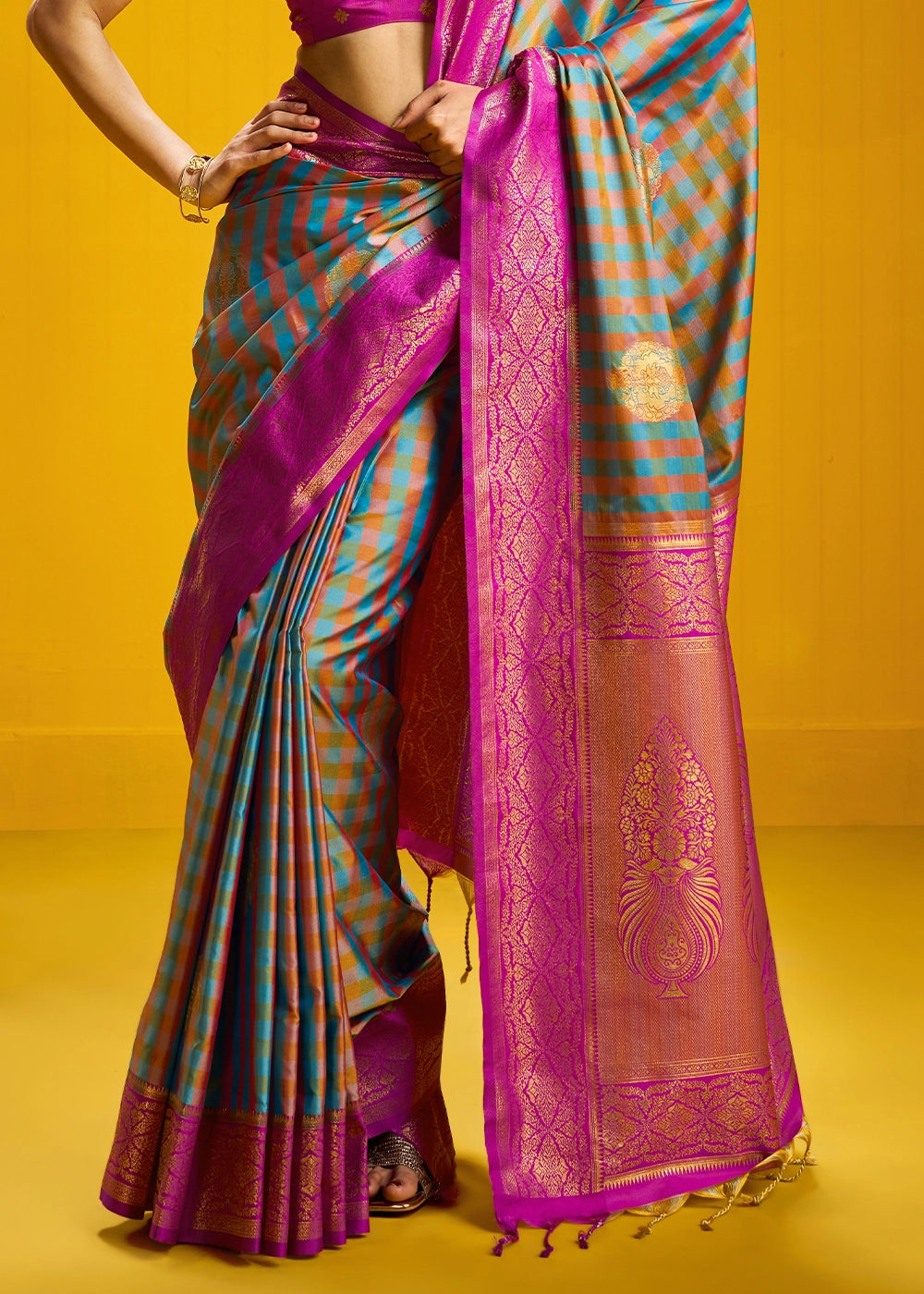 Pink and Blue Handloom Silk Saree with Traditional Checks Weaving