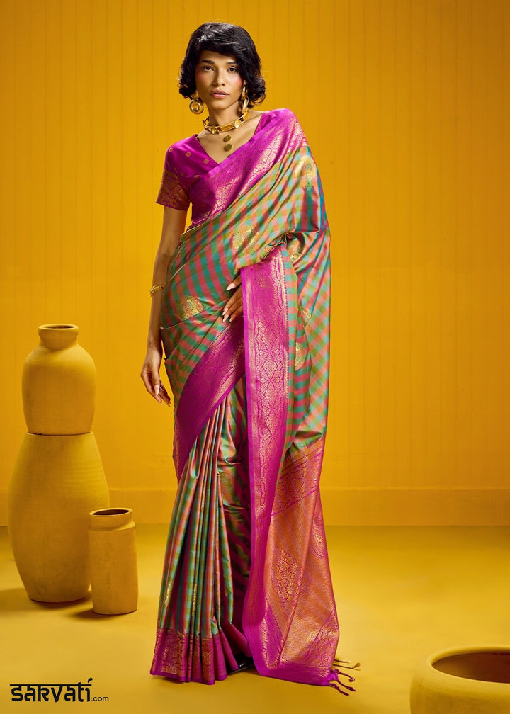 Pink and Green Handloom Silk Saree with Traditional Checks Weaving