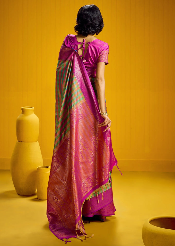 Pink and Green Handloom Silk Saree with Traditional Checks Weaving