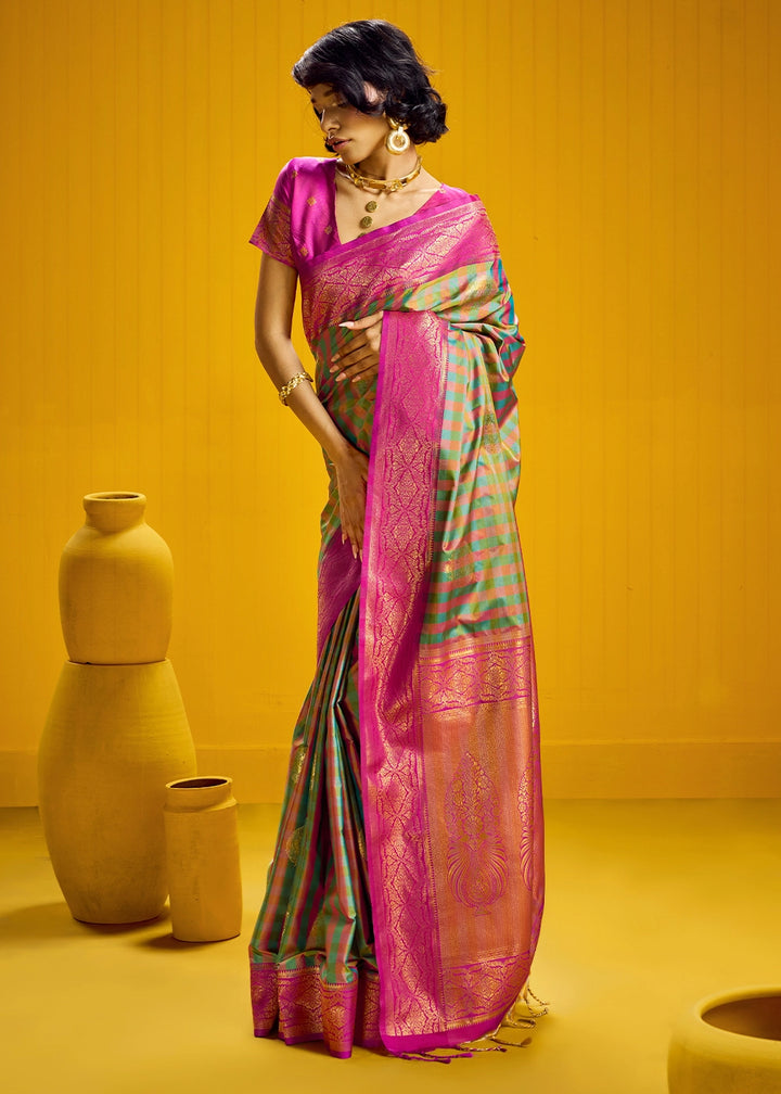 Pink and Green Handloom Silk Saree with Traditional Checks Weaving