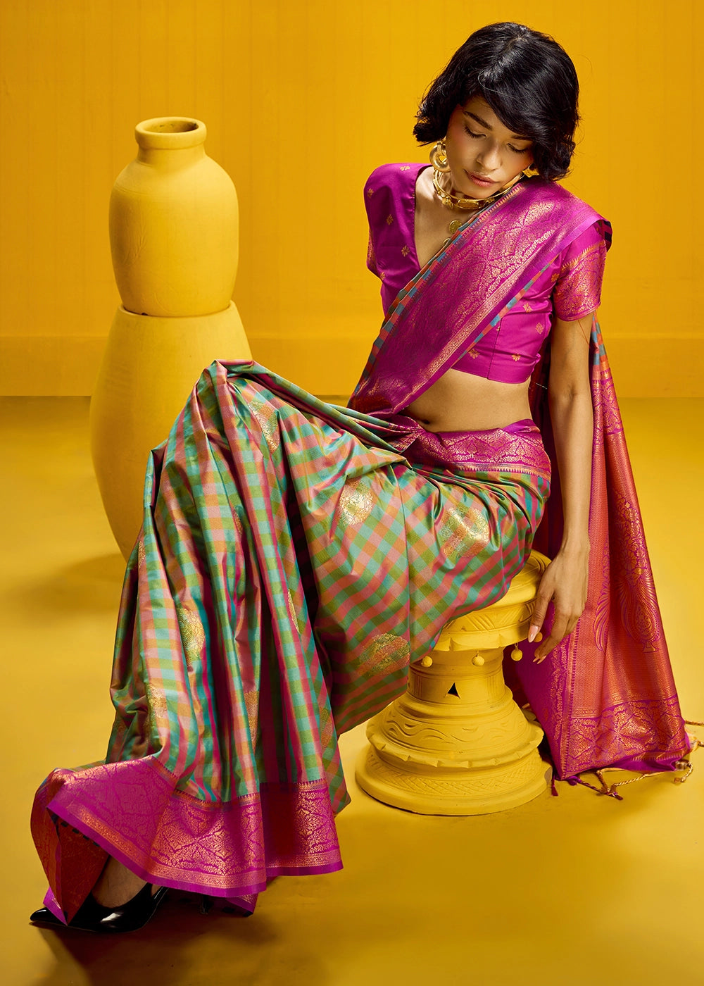 Pink and Green Handloom Silk Saree with Traditional Checks Weaving